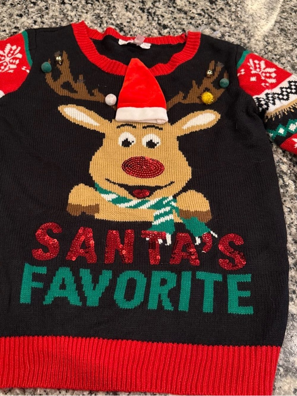No Boundaries Black Holiday Reindeer Crewneck Sweater with Red Accents